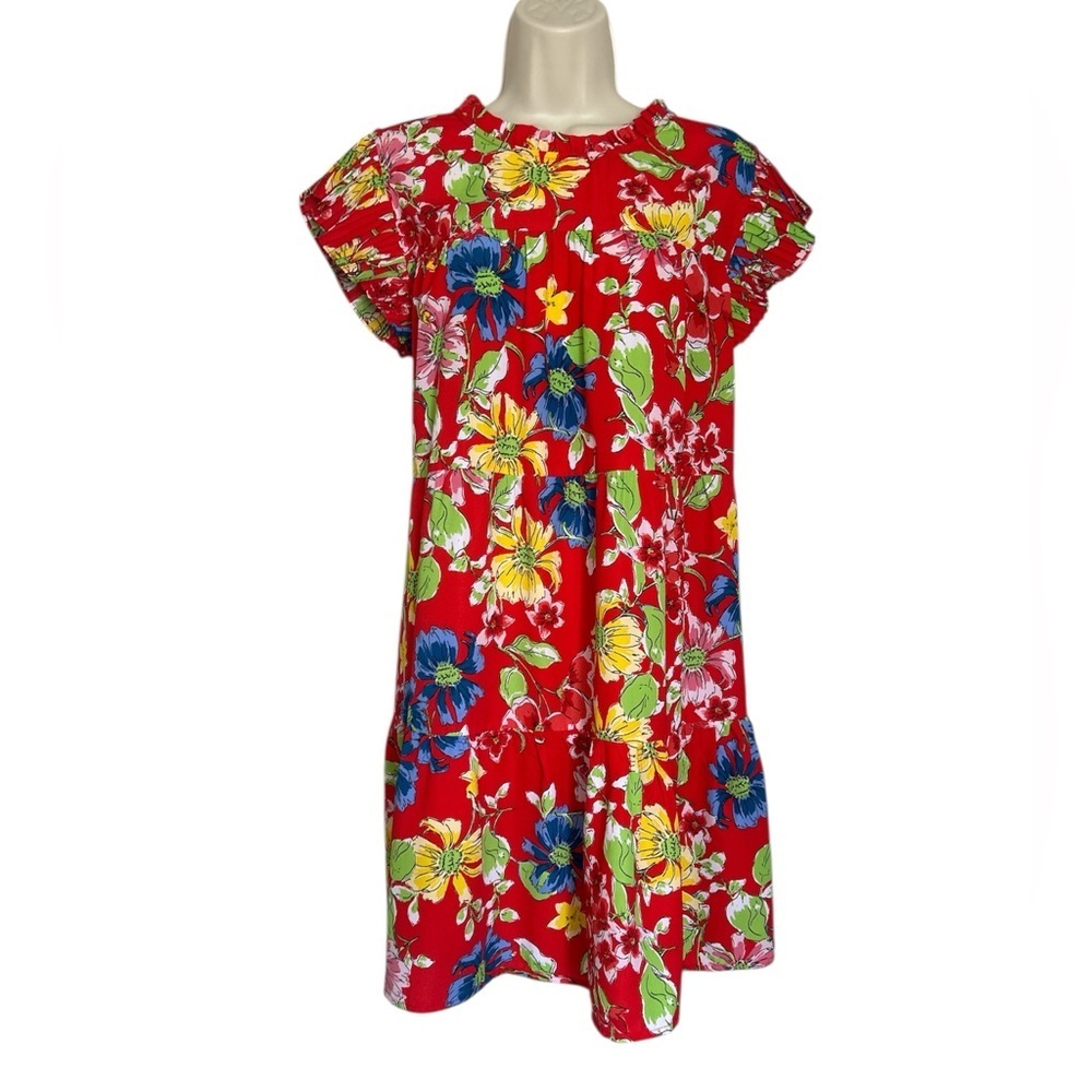 Floral Red Midi Dress with Ruffle Sleeves